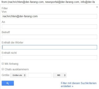 Für alle drei E-Mail-Adressen einen Filter anlegen: nachrichten@der-farang.com, newsportal@der-farang.com, info@der-farang.com