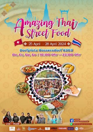 Das Plakat des Thai Street Food Festivals in Bassersdorf verspricht authentisches Essen und lebendige Kultur – organisiert von Nok Bird.