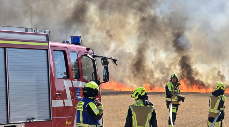 Feuerwehrkräfte bekämpfen einen Flächenbrand im Landkreis Karlsruhe bei Stutensee. Foto: dpa/Thomas Riedel