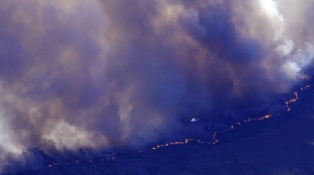 Flammen erfassen Vegetation nahe Burgohondo in der spanischen Provinz Ávila, wo Einsatzkräfte einen Waldbrand bekämpfen und Anwohner evakuiert wurden. Foto: EPA/Raul Sanchidrian
