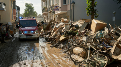 Ein Einsatzwagen der Feuerwehr fährt durch eine Straße, die mit Sperrmüll gesäumt ist. Foto: Thomas Frey/dpa