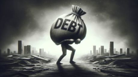 Hier ist eine Illustration, die das Konzept der Schulden als schwere Last darstellt. Foto generiert von OpenAI's DALL·E
