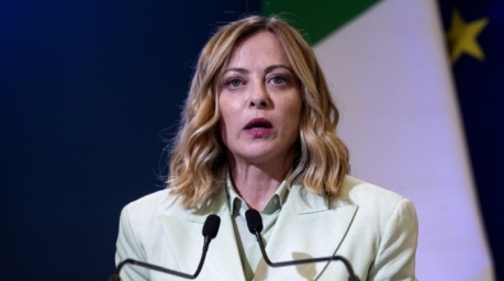 Italiens Premierministerin Giorgia Meloni bei einer gemeinsamen Pressekonferenz. Foto: epa/Angelo Carconi