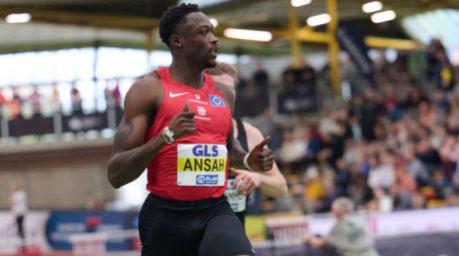 Deutsche Meisterschaft, 60 Meter der Männer. Owen Ansah in seinem Vorlauf. Gegen Ansah läuft nun ein Verfahren der Nationalen Anti Doping Agentur. Foto: Bernd Thissen/dpa