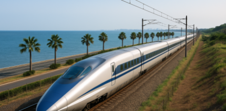 Visualisierung der geplanten Hochgeschwindigkeitsbahn zwischen den Flughäfen Don Mueang, Suvarnabhumi und U-Tapao. Bild: KI generiert