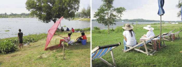Thais lassen sich am See nieder zum Angeln und Picknicken, oder sie schlafen eine Runde. Am breiten Ufer lässt es sich trefflich ausruhen. Entspannte Stunden fern vom Alltagsstress.
