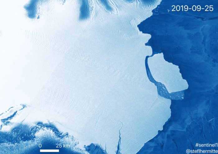 In der Antarktis ist ein riesiger Eisberg mit einer Fläche von rund 1.600 Quadratkilometern abgebrochen. Foto: Sentinal-1/Stef Lhermitte/TUDelft/dpa 