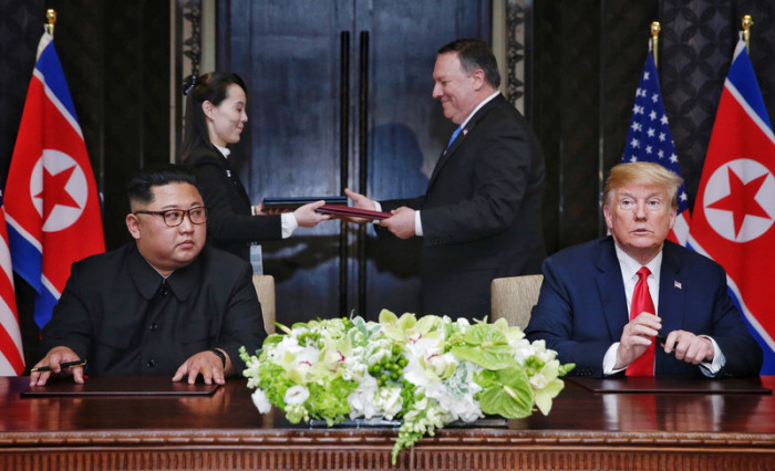 Präsident Donald J. Trump und Nordkoreas Vorsitzender Kim Jong-un während ihres historischen Gipfeltreffens. Archivfoto: epa/Kevin Lim (The Straits Times)