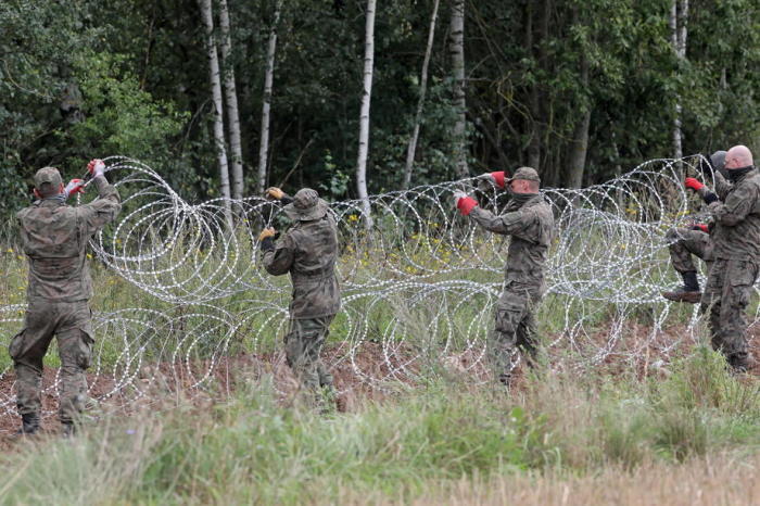 Stacheldraht an der Grenze zwischen Polen und Belarus. Foto: epa/Artur Reszko