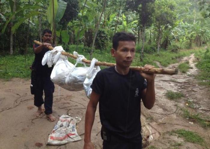Arbeiter tragen eine der 32 gefundenen Leichen aus dem Waldstück unterhalb des Hua Sai Gebirges bei Sadao. Möglicherweise liegen dort noch weitere Tote.