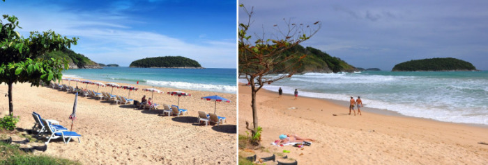 Der Naiharn-Strand in Phuket vor (l.) und nach der Zwangsräumung der Liegen (r.).