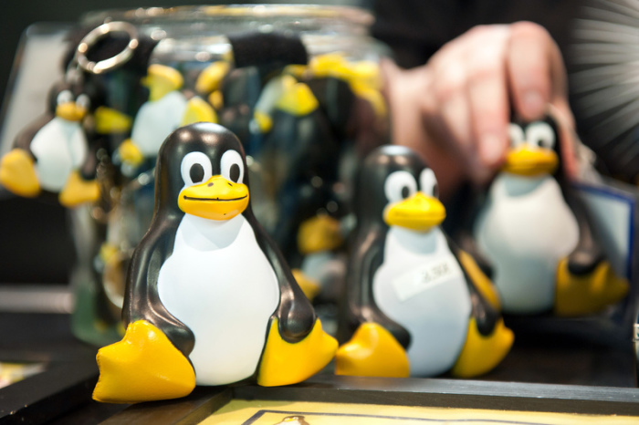 Maskottchen des Open-Source-Betriebssystems Linux, werden an einem Verkaufsstand der Messe LinuxTag angeboten. Foto: dpa/Tobias Kleinschmidt