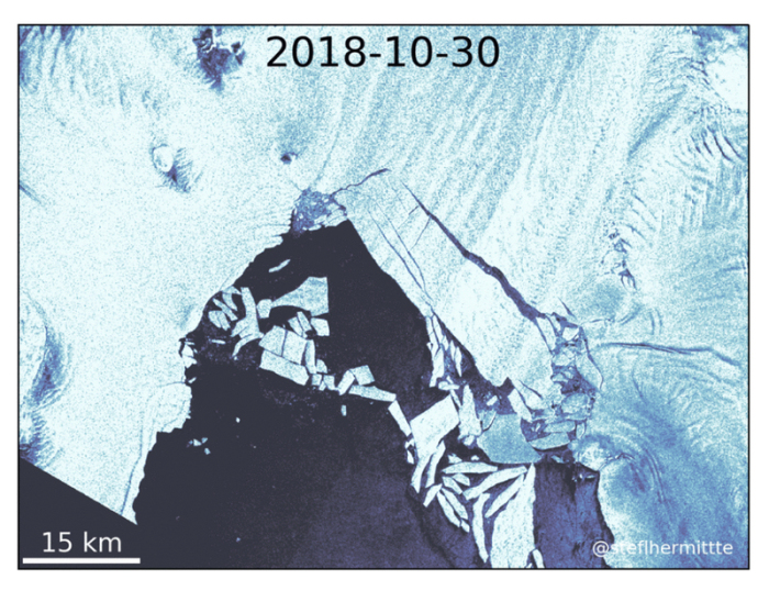 Die Satellitenaufnahme vom 30.10.2018 zeigt den teilweisen gelösten Eisberg B-46. Foto: Stef Lhermitte/Tu Delft/dpa