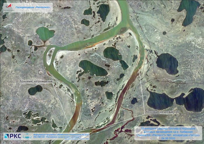 Ein Blick aus dem Weltraum auf den Ort, an dem die Ölprodukte am Ambarnaya-Fluss vor der russischen Stadt Norilsk ausgelaufen sind. Foto: Pressedienst epa/Roscosmos