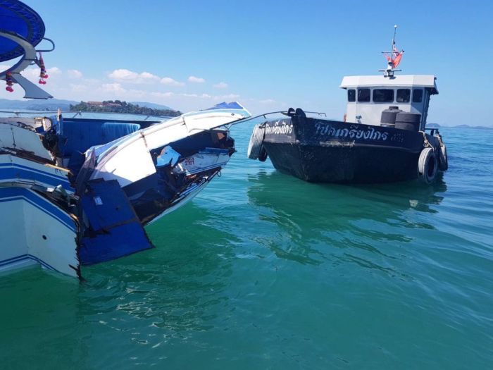 Das Speedboot mit dem Namen „Sai Nam“ kollidierte auf dem Rückweg nach Phuket mit dem Tanker „Choke Kriangkrai“. Foto: The Thaiger