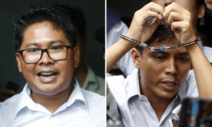 Die inhaftierten Reuters-Journalisten Wa Lone (l.) und Kyaw Soe Oo (r.). Foto: epa/Lynn Bo Bo