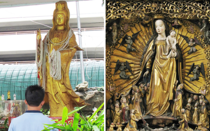 Links: Boddhisattva Avalokiteshvara als Guan yin mit Buddha Amithaba auf dem Kopf (Bangkok, Bang Kapi / Khlong San Saep). Rechts: Schutzmantelmadonna (Heiligen-Geist-Hospital Lübeck).