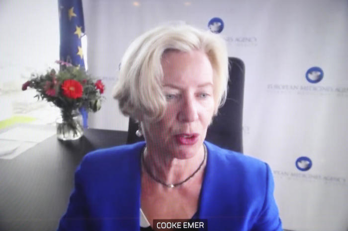 EMA-Exekutivdirektorin Emer Cooke bei einer Videokonferenz in Brüssel. Foto: epa/Yves Herman / Pool