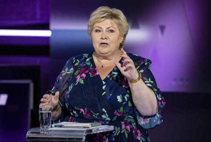 Ministerpräsidentin und Vorsitzende der Konservativen Partei Erna Solberg während der Debatte der Parteivorsitzenden auf TV2 in Bergen. Foto: epa/Marit Hommedal
