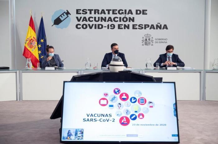Treffen des COVID-19 und des Impfstoff-Folge Ausschusses. Foto: epa/Moncloa Palace