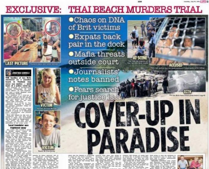 Schrille Schlagzeilen Britischer Zeitungen reißen auch ein Jahr nach dem Doppelmord von Koh Tao nicht ab: „Chaos bei den Ermittlungen“, „Vertuschung der wahren Umstände?“- Die Vorwürfe wiegen schwer.