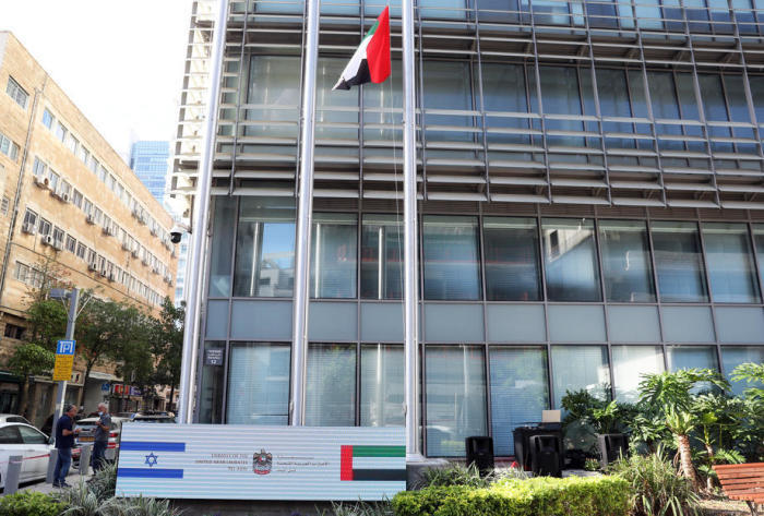 Neue Botschaft der Vereinigten Arabischen Emirate im Gebäude der Tel Aviver Börse in Tel Aviv. Foto: epa/Abir Sultan