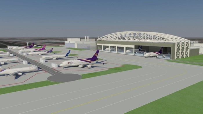 Ein Grafikentwurf des geplanten MRO-Zentrums am Flughafen U-Tapao. Grafik:Airbus