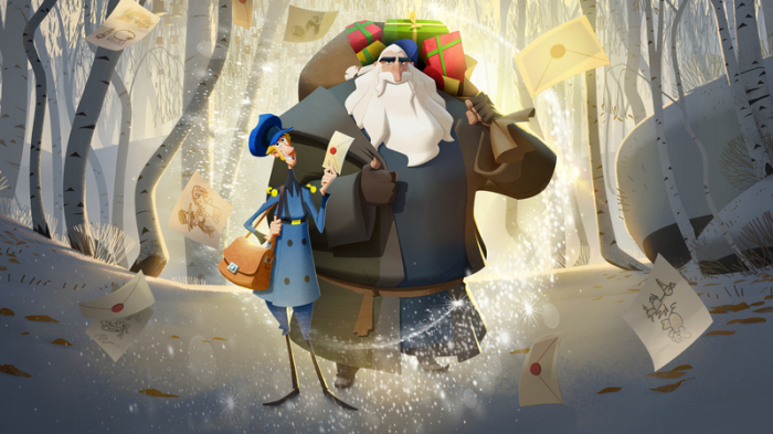 Der Postbote steht in einer Filmszene des Zeichentrick-Weihnachtsfilms «Klaus» vor dem Holzfäller Klaus, der sich als Weihnachtsmann verkleidet hat. Foto: Netflix/Dpa