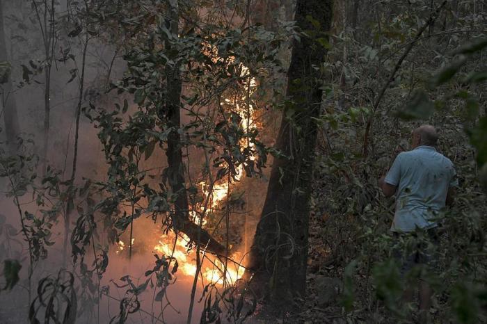 Feuerwehrmänner, Truppen und Freiwillige versuchen, einen Waldbrand in der Chapada dos Guimaraes im Bundesstaat Mato Grosso zu löschen. Foto: epa/Rogerio Florentino