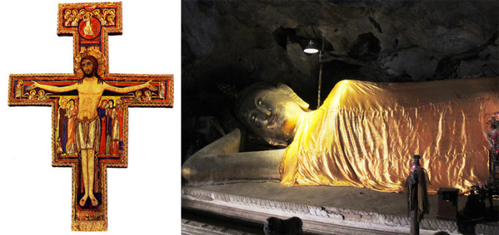 Der auferstandene Christus mit Segensgeste, San-Damiano-Kreuz (l.). Buddha`s Eingehen in das Parinirvana, Tham-Khao-Luang-Höhle bei Petchaburi (r.).