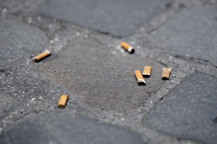 Zigarettenkippen liegen auf einem Gehweg mit Pflastersteinen. Foto: Tobias Hase/Dpa
