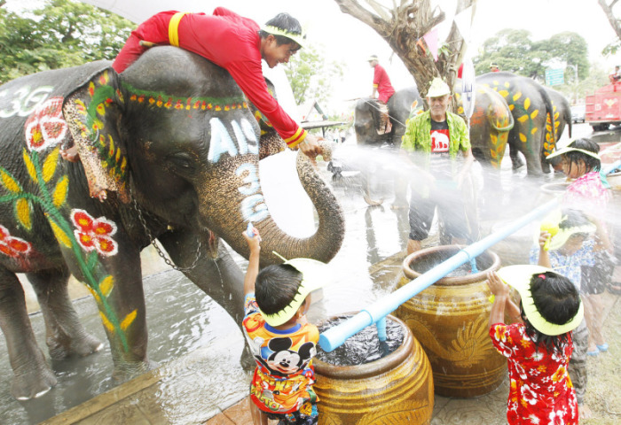 Bunt bemalte Elefanten in Ayutthaya.