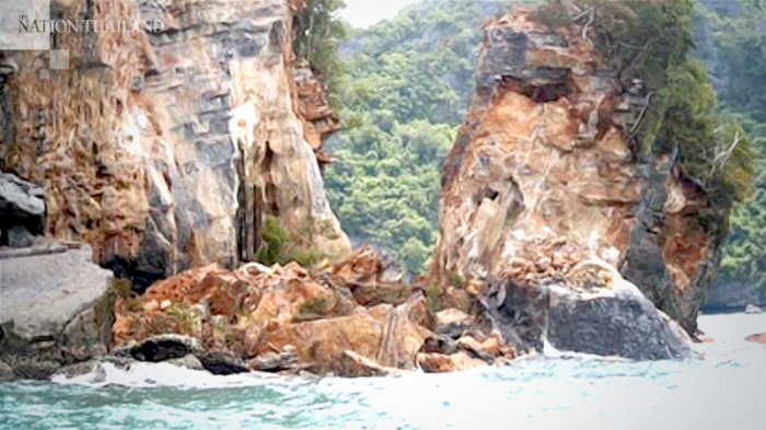 Große Teile der Felsküste von Koh Hin Taek wurden durch Starkregenfälle schwer beschädigt. Foto: The Nation