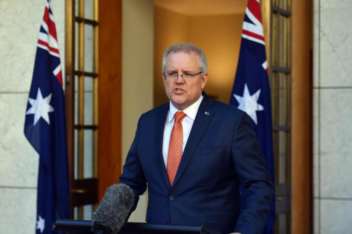 Australiens Premierminister Scott Morrison spricht auf einer Pressekonferenz im Parlamentsgebäude in Canberra. Foto: epa/Mick Tsikas