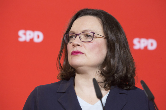 Fraktionsvorsitzende der Sozialdemokratischen Partei (SPD), Andrea Nahles. Foto: epa/Omer Messinger