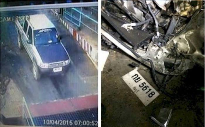 Dieser bronzefarbene viertürige Mazda-Pickup aus Yala explodierte in der Tiefgarage des CentralFestival Koh Samui. Drei weitere Hilfsfahrzeuge sind von Polizeisonderermittlern ebenfalls identifiziert worden.