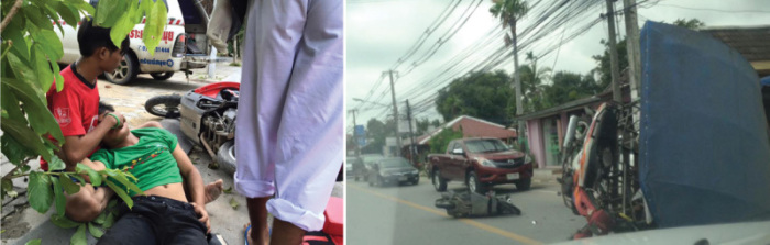 Ein Thai weint am 14. Oktober um seinen Freund. Er war wie viele auf dem Roller unterwegs, in der linken Hand der Vogelkäfig. Ein Pickup holte ihn von der Straße. Rechts: Tägliche Szene, ein Rollerfahrer wurde schwerverletzt.