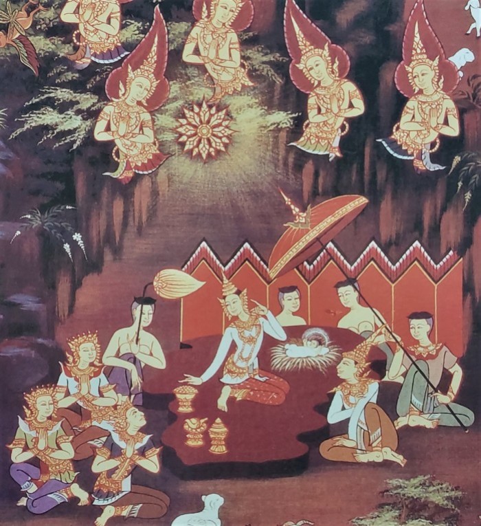 Das Bild einer Krippendarstellung im Thai-Stil im Gemeindesaal des Begegnungszentrums Pattaya hilft Ausländern, ihren thailändischen Liebsten Weihnachten zu erklären.