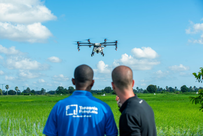 Eine Sprüh-Drone fligt über einem Reisfeld. Forscher wollen mit Drohnen und einem Insektizid die tödliche Krankheit Malaria bekämpfen. Foto: -/Dji/dpa