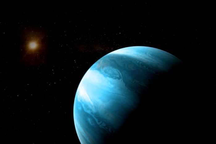 Artist's impression of a jupiter-like planet with a blueish colour orbiting a cool red dwarf. Credit: CARMENES/Renderarea/J. Bollaín/C. Gallego Foto: CARMENES/RenderArea/J. Bollaín/C. Gallego