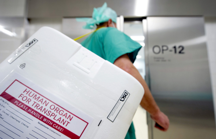 Ein Styropor-Behälter zum Transport von zur Transplantation vorgesehenen Organen wird am Eingang eines OP-Saales vorbeigetragen. Foto: Soeren Stache/Dpa