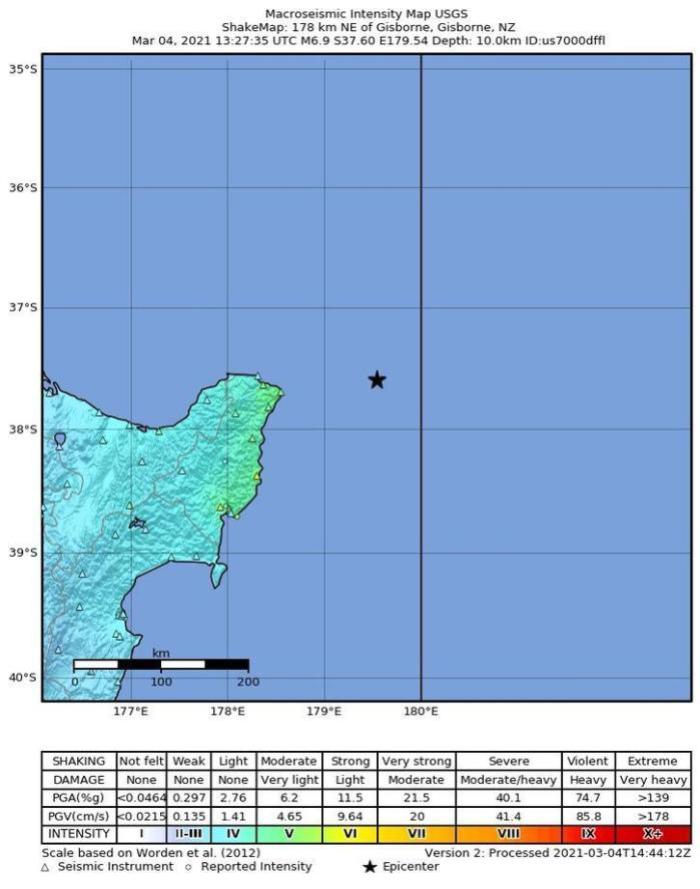 Der United States Geological Survey (USGS) zeigt die Position eines Erdbebens der Stärke 7,3, das 174 km nordöstlich von Gisborne stattfand. Foto: epa/Usgs Handout
