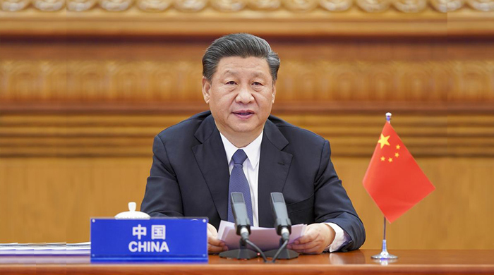 Der chinesische Präsident Xi Jinping in einer Videokonferenz in Peking.  Foto: epa-efe/Xinhua/Li Xueren