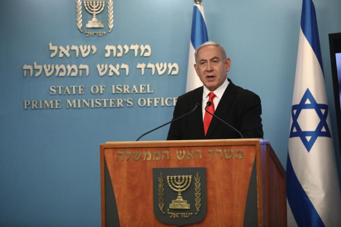 Der israelische Premierminister Benjamin Netanjahu hält im Büro des Premierministers in Jerusalem eine Pressekonferenz ab. Foto: epa/Yonatan Sindel