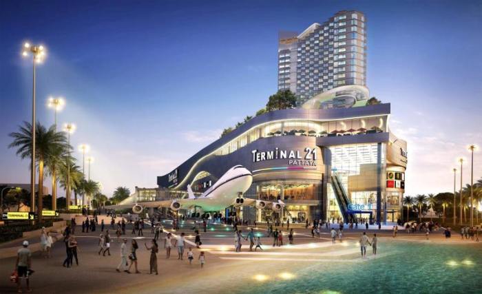 Wenn das Megaeinkaufszentrum Terminal 21 im Oktober eröffnet, ist Pattaya um eine Attraktion reicher. Auf dem Dach wird das elegante Grande Centre Point Pattaya thronen. Foto: LH Mall & Hotel Co., Ltd.