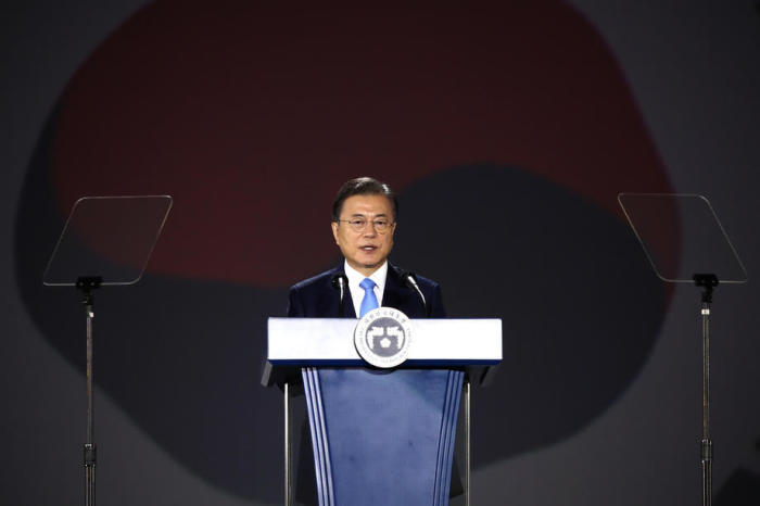 Südkoreas Präsident Moon Jae-in spricht während einer Veranstaltung anlässlich des 75-jährigen Jubiläums. Foto: epa/Chung Sung-jun