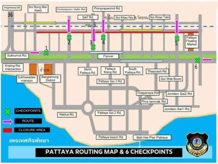 Die Karte zeigt alle Checkpoints, an denen Personenkontrollen durchgeführt werden. Foto: City Hall Pattaya