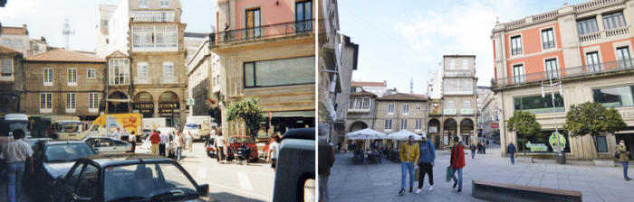 Die Bildkombo zeigt den Platz Curros Enrique im Jahr 1999 (l) und den Platz Curros Enrique im Jahr 2019. Foto: Rathaus Pontevedra/Dpa 