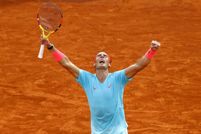 Der spanische Rafael Nadal reagiert nach seinem Sieg gegen den Argentinier Diego Schwartzman in Roland Garros in Paris . Foto: epa/Ian Langsdon