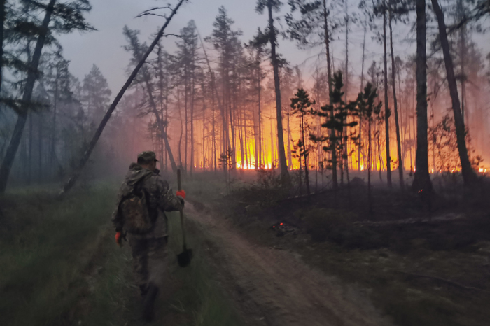 Freiwillige löschen einen Waldbrand in der Republik Sacha, auch bekannt als Jakutien, im Fernen Osten Russlands. Über Monate brennt es schon in Russlands Wäldern. Präsident Putin nennt das Ausmaß beispiellos. Weil d... Foto: Ivan Nikiforov/Ap/dpa